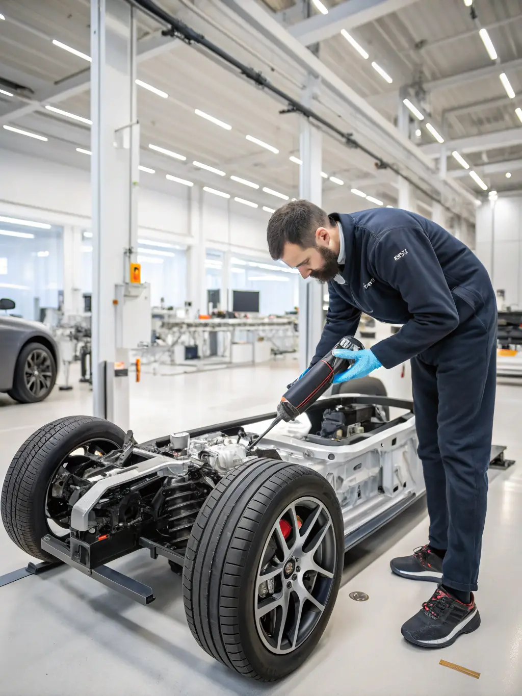 An image of a car chassis being meticulously assembled, with advanced tools and equipment visible, showcasing the build quality at Fabrizio Custom Cars.