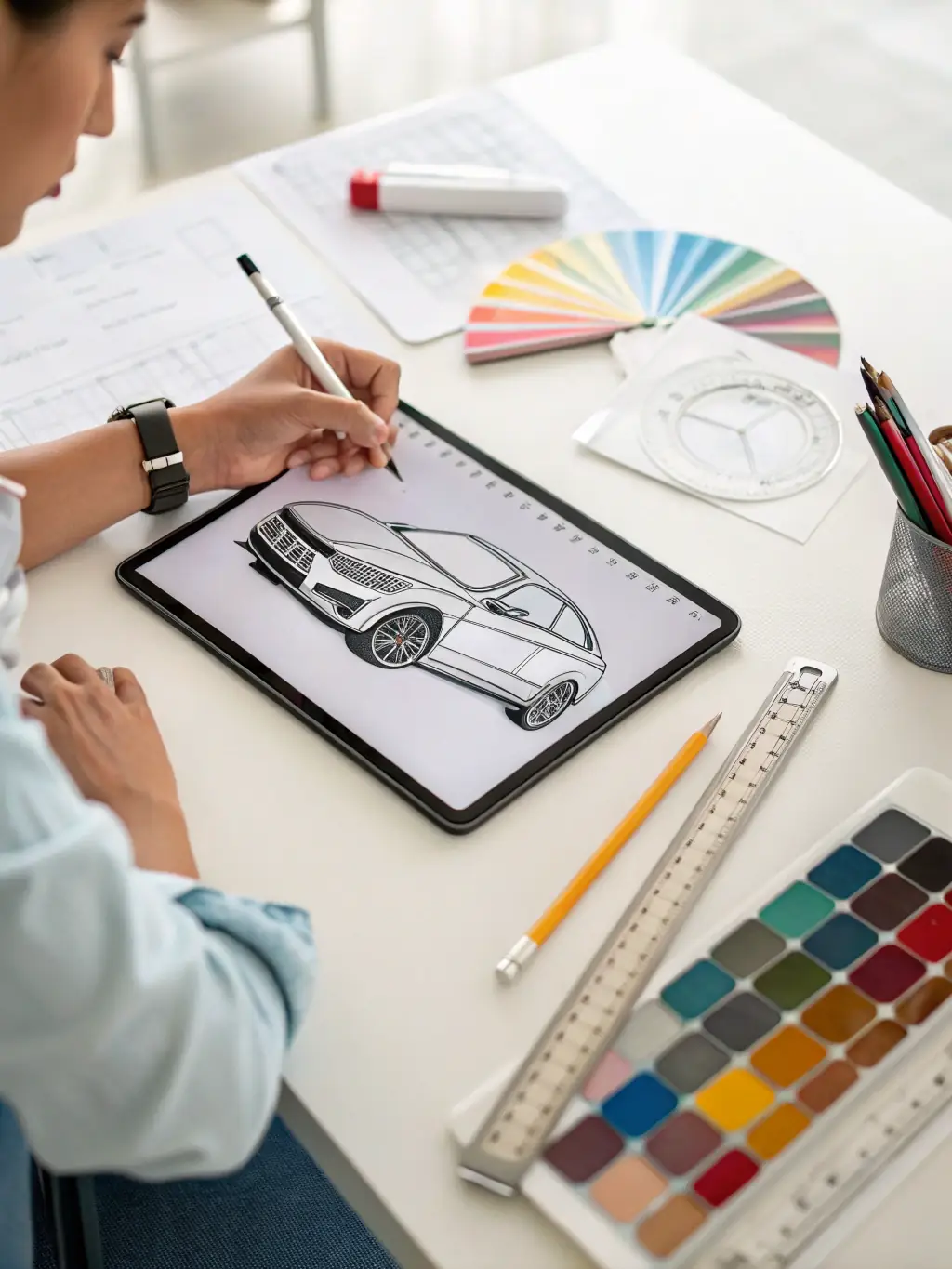A close-up shot of a designer sketching a car design, with various tools and blueprints scattered around, emphasizing the initial design phase at Fabrizio Custom Cars.